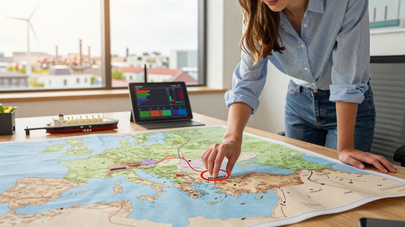 Mulher a analisar mapa da Europa com marcação a vermelho em frente a computador portátil.