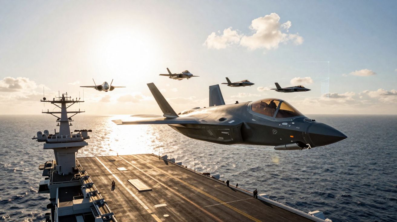 Quatro caças F-35 voam sobre um porta-aviões no mar ao pôr do sol.