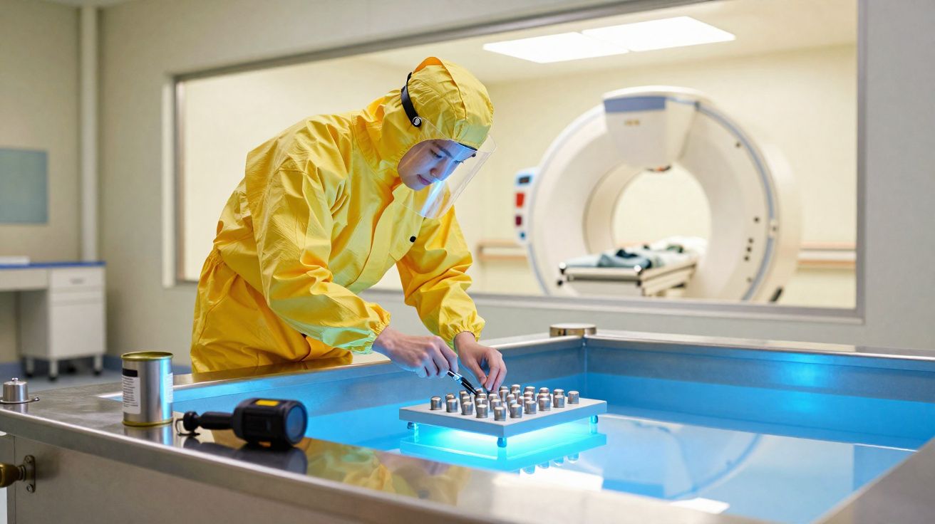 Pessoa em roupa de proteção amarela a manusear pequenos frascos metálicos numa bancada iluminada em laboratório.