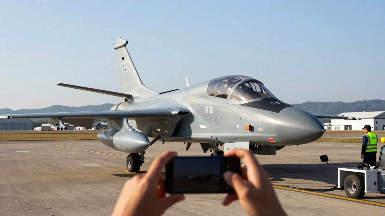 Avião militar cinzento estacionado, com pessoa a tirar foto com telemóvel num dia ensolarado.