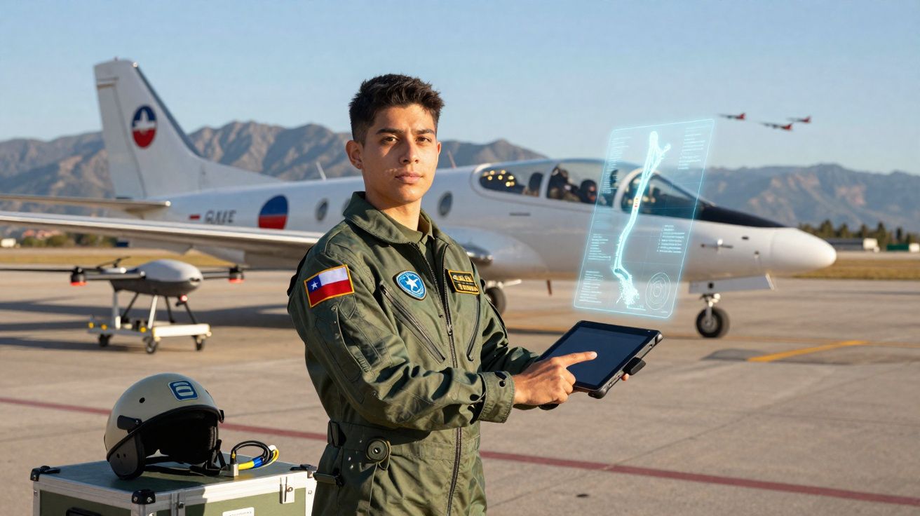 Jovem piloto em fato verde militar segura um tablet com imagem holográfica perto de avião numa pista.