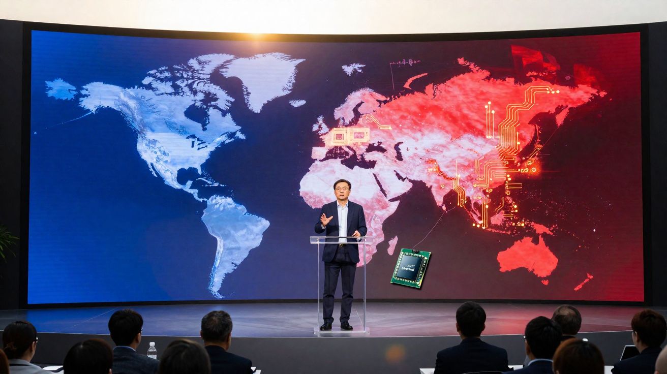 Homem de negócios a apresentar um mapa-múndi digital com destaque para circuitos eletrónicos na Ásia, em conferência.