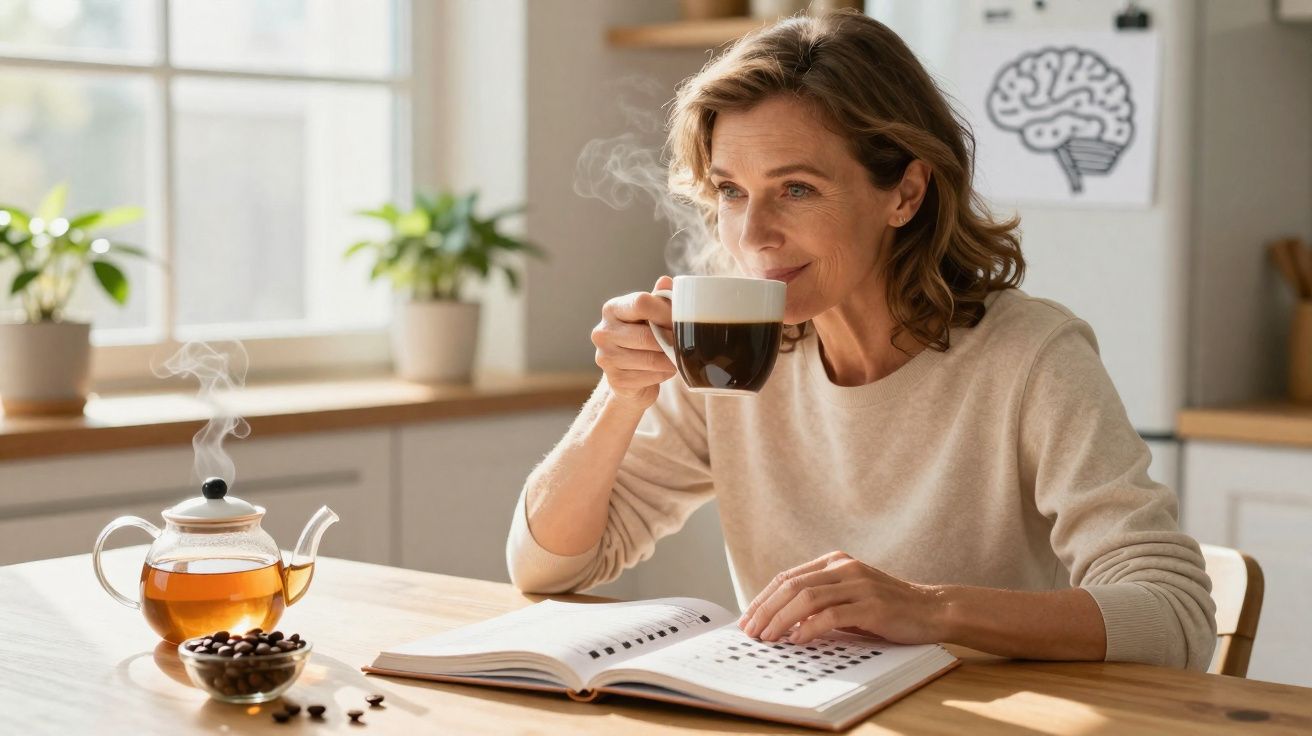 Mulher a beber chá quente, sentada à mesa, com um livro aberto num ambiente luminoso e confortável.