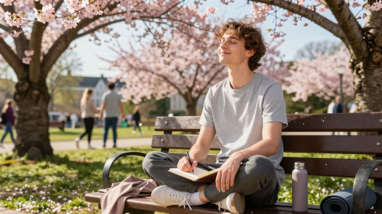 Jovem sentado num banco no parque, escrevendo num caderno, rodeado por árvores floridas na Primavera.