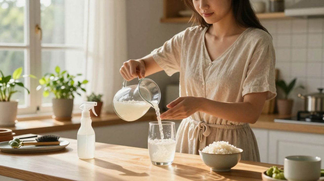 Mulher a verter líquido branco de jarro para copo numa cozinha luminosa com plantas.