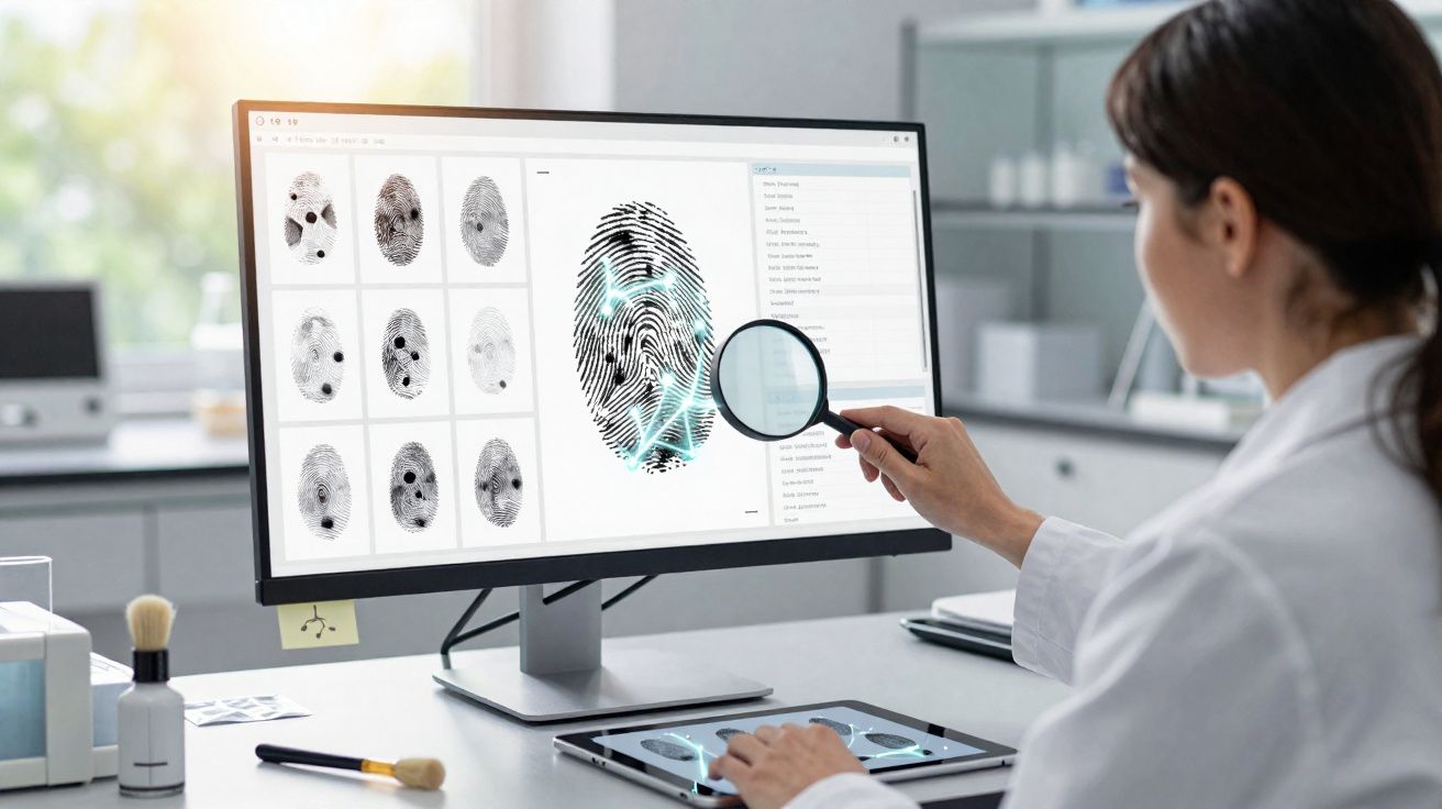 Pessoa a analisar impressões digitais num ecrã de computador com uma lupa numa sala de laboratório.