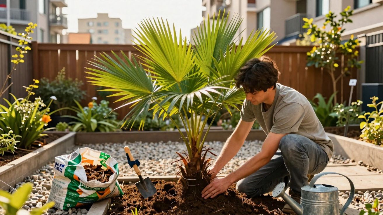 Homem a plantar uma pequena palmeira num jardim urbano com regador e saco de substrato ao lado.