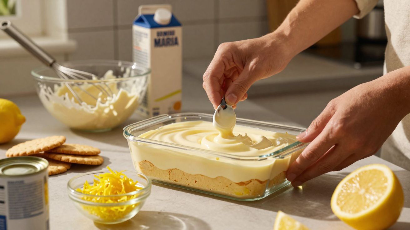 Pessoa a alisar creme numa sobremesa de limão com bolachas, limões e ingredientes na bancada da cozinha.