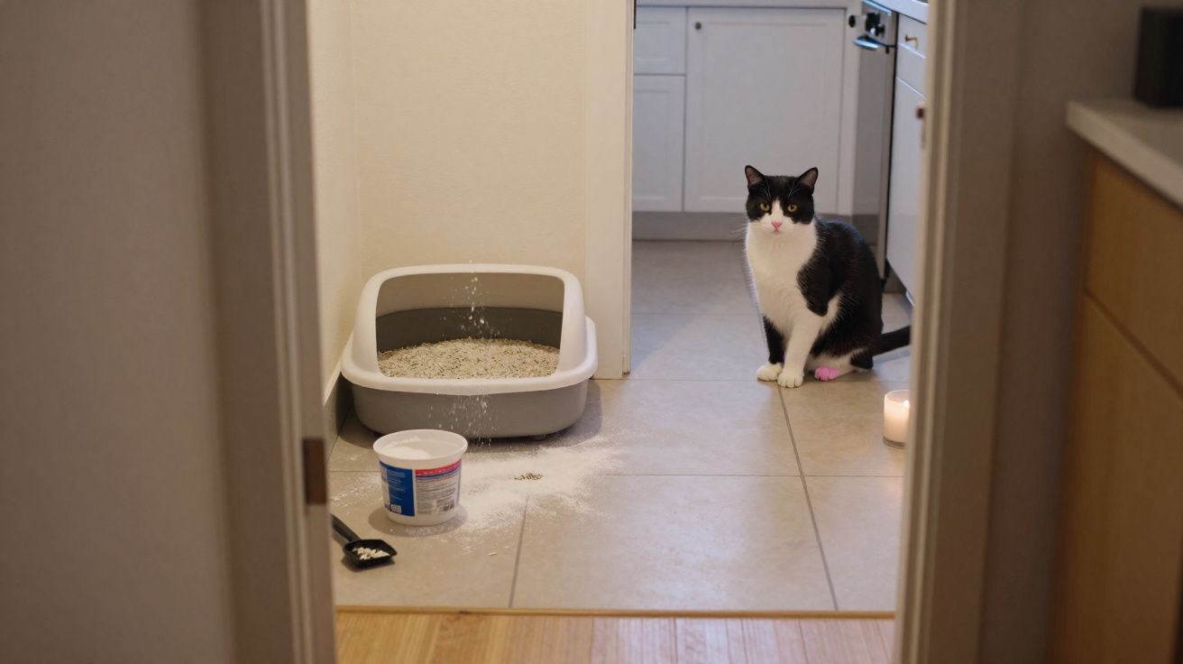 Gato preto e branco sentado perto de caixa de areia com areia espalhada no chão da cozinha.