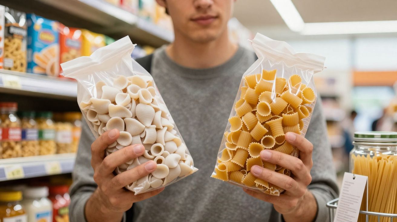 Pessoa num supermercado a segurar dois sacos de massa, um branco e outro amarelo, ambos embalados a vácuo.