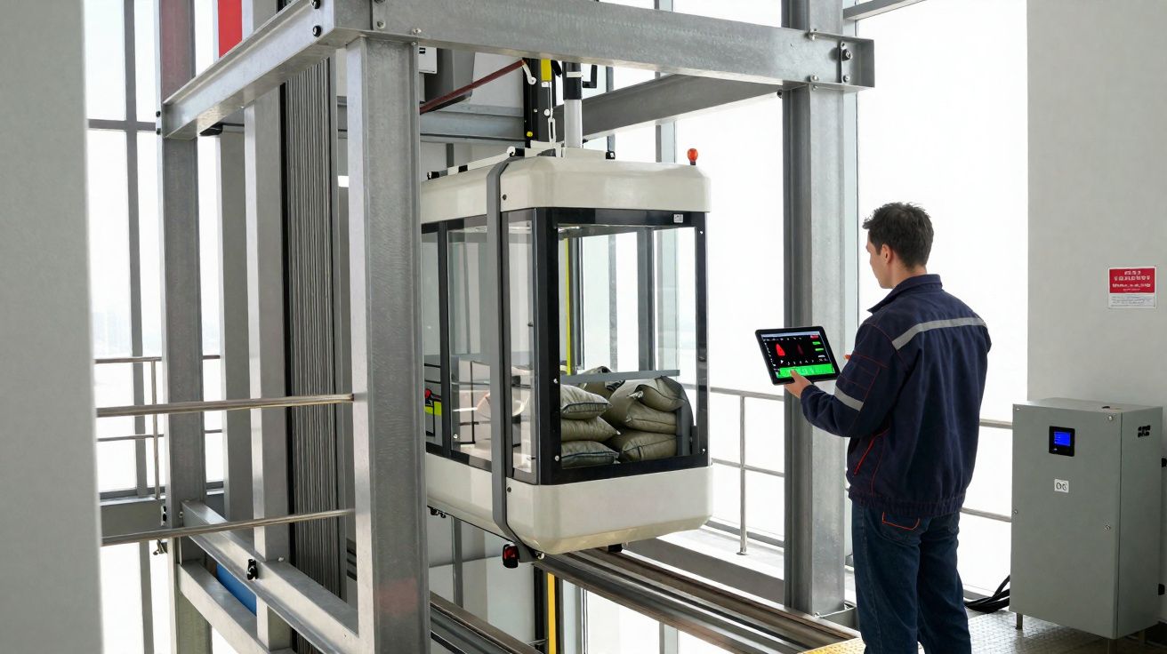 Homem a operar equipamento industrial com tablet junto a elevador de carga com sacos.