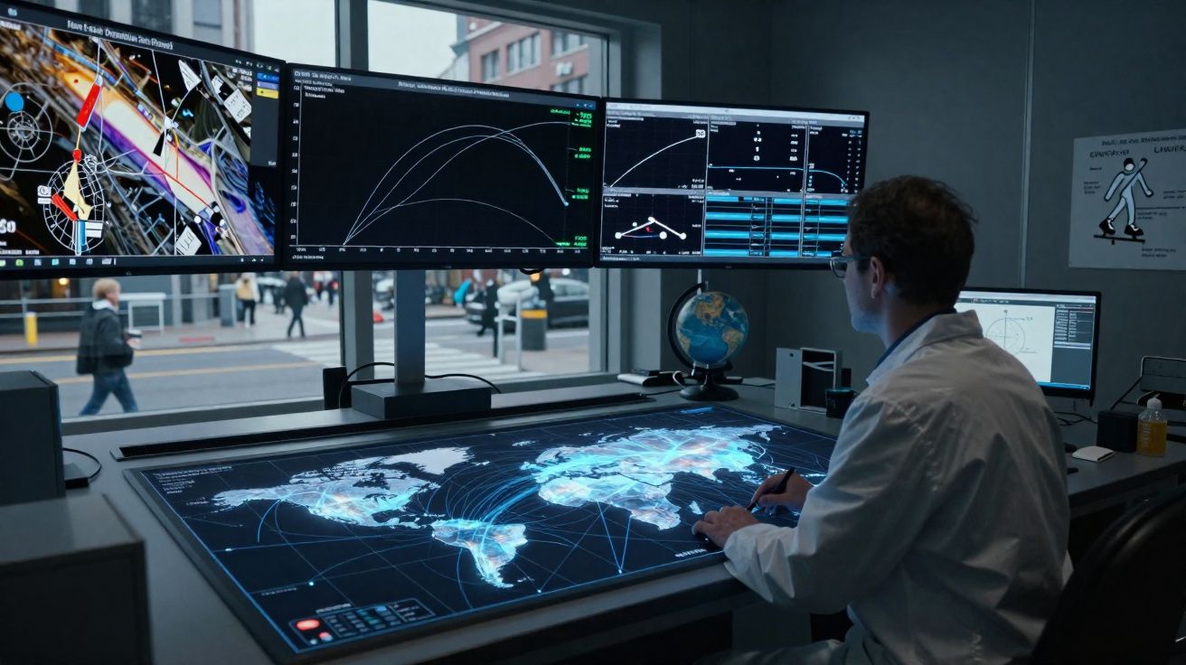 Homem a analisar mapas e dados globais em vários ecrãs num centro de controlo tecnológico.