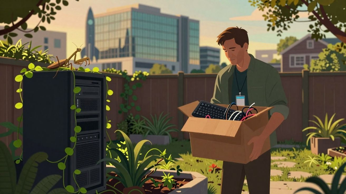 Homem segura caixa com teclado e cabos num jardim urbano com plantas e servidor coberto de trepadeiras.