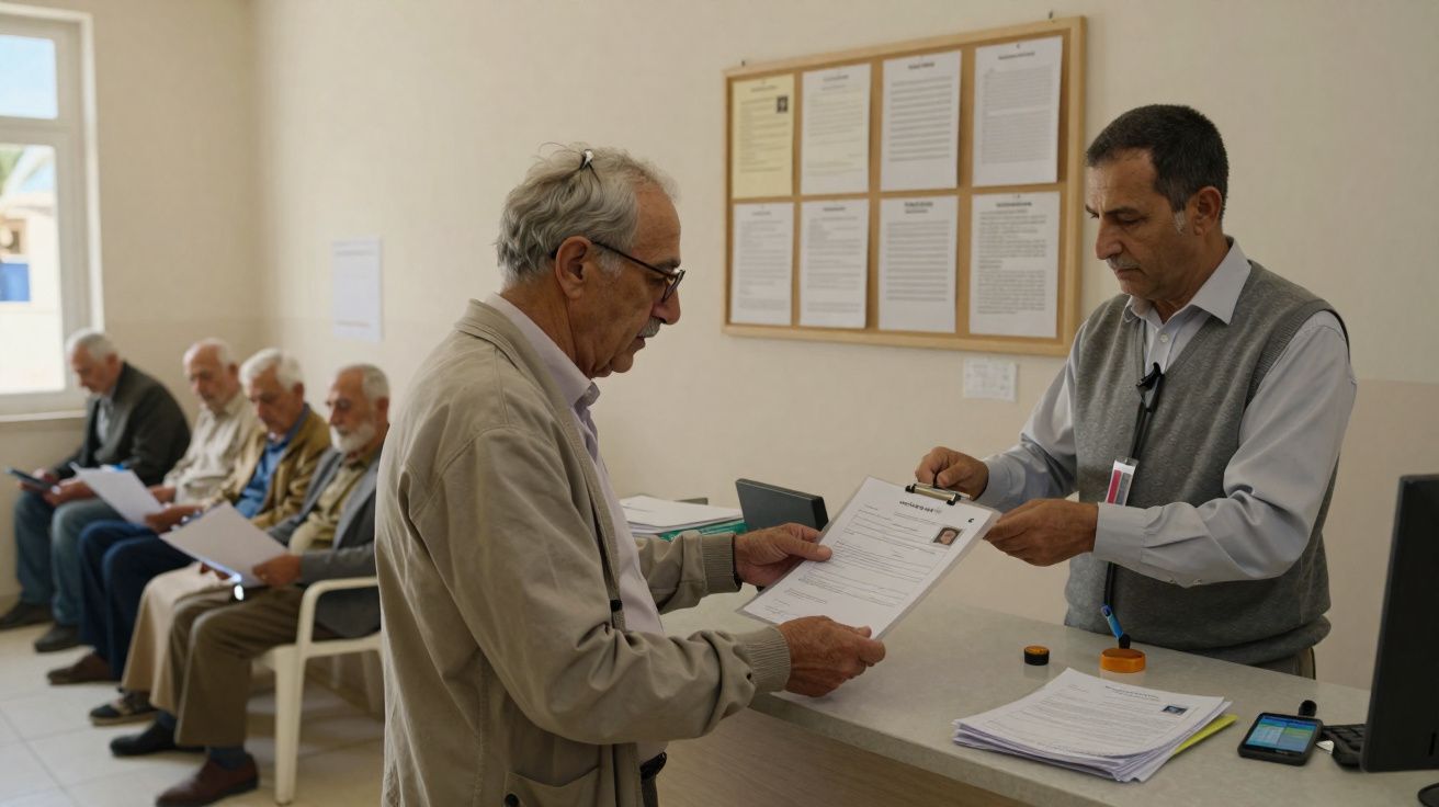 Homem idoso entrega documento a funcionário numa receção, outros idosos esperam sentados numa sala de espera.