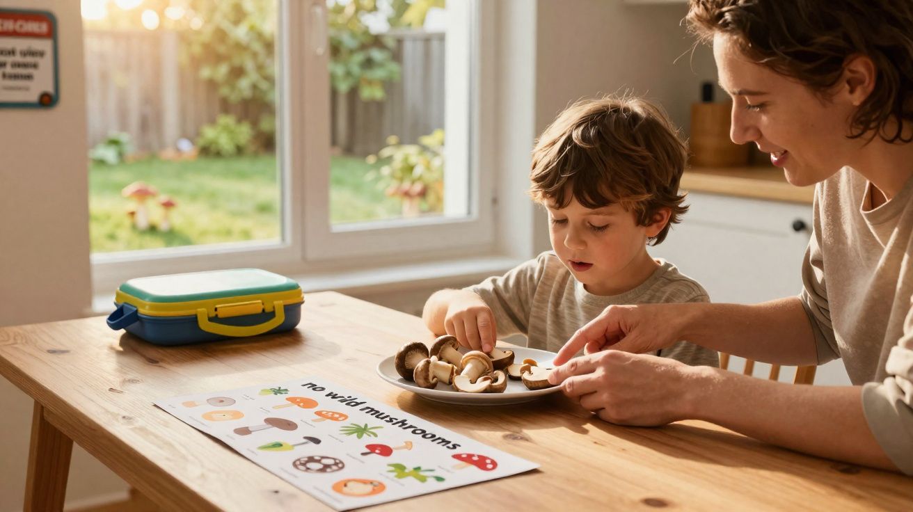 Criança e mulher sentados à mesa a explorar tipos de cogumelos com ficha educativa numa cozinha com luz natural.