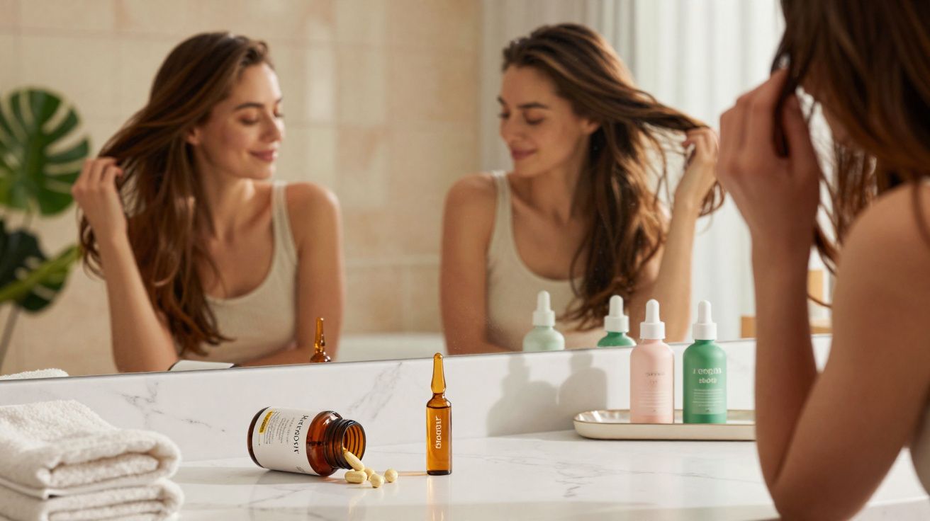 Mulher a pentear o cabelo em frente ao espelho com frascos de cosméticos e toalhas ao lado.