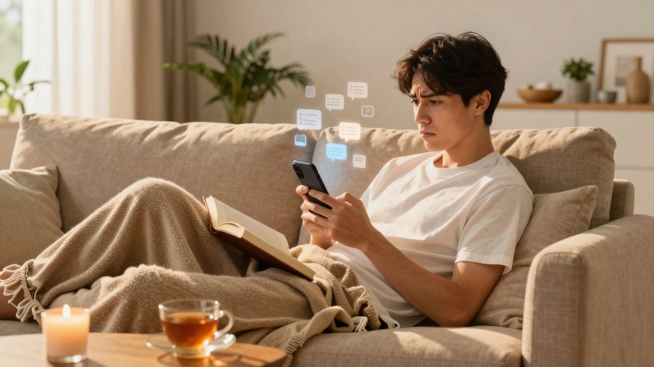 Homem jovem sentado no sofá, com livro e telemóvel, a receber várias notificações de mensagens.