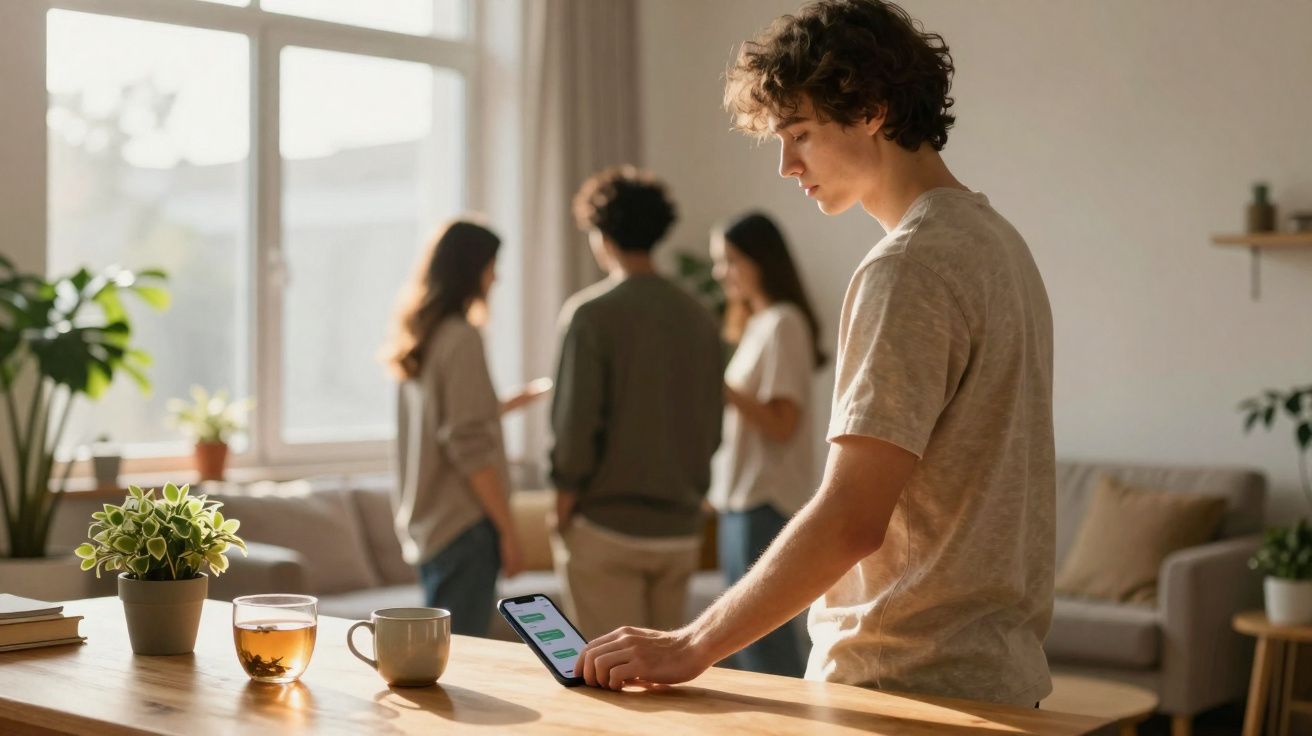Jovem a usar smartphone num ambiente interior, com três pessoas ao fundo a conversarem perto da janela.