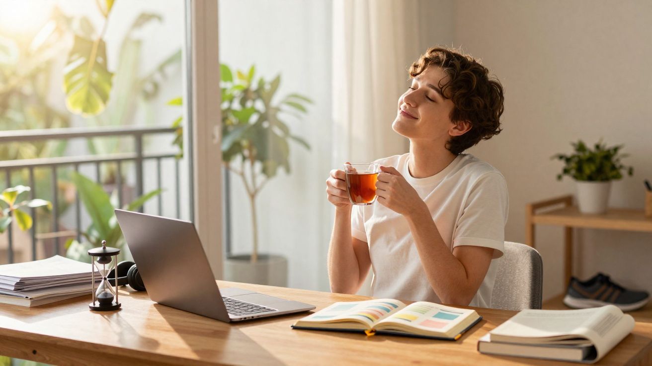 Pessoa a saborear chá, sentada à secretária com laptop e livros, num ambiente luminoso com plantas.
