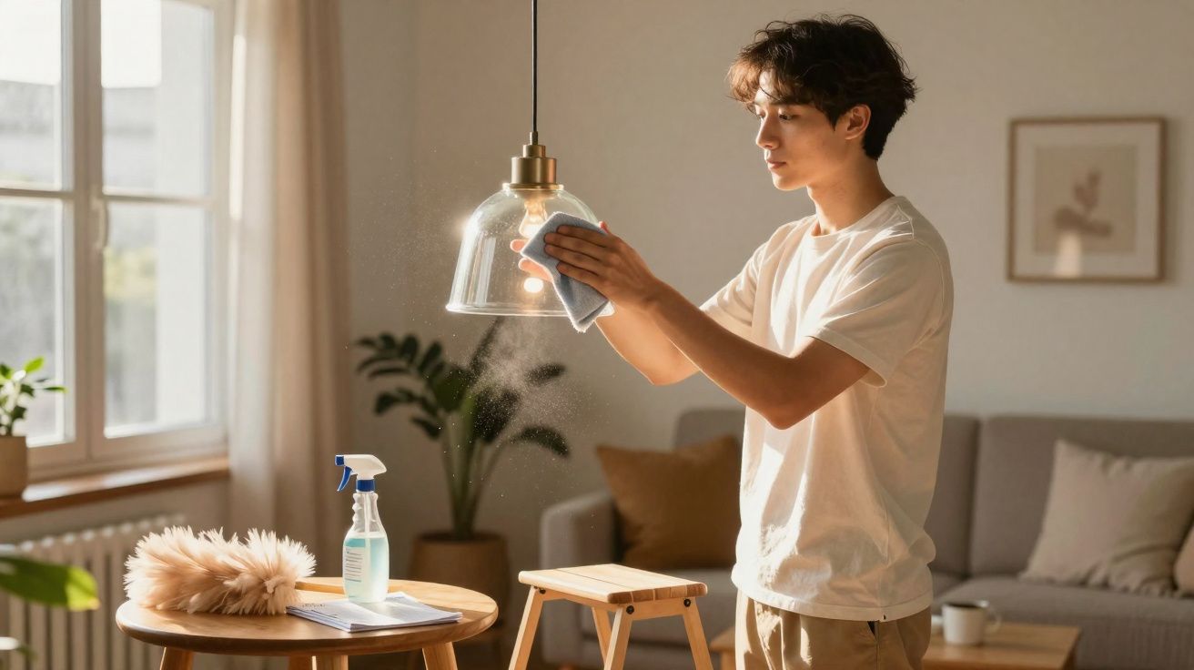 Homem a limpar um candeeiro de vidro numa sala de estar iluminada e arrumada.