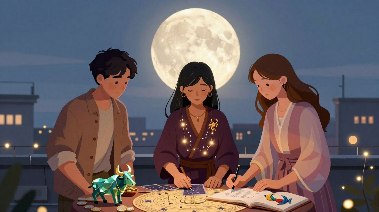 Três pessoas observam mapas astrológicos sob a luz de uma lua cheia numa varanda urbana à noite.