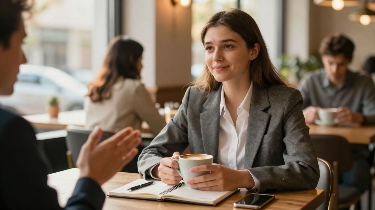 Mulher jovem com fato cinzento e caderno aberto toma café enquanto conversa num café moderno.