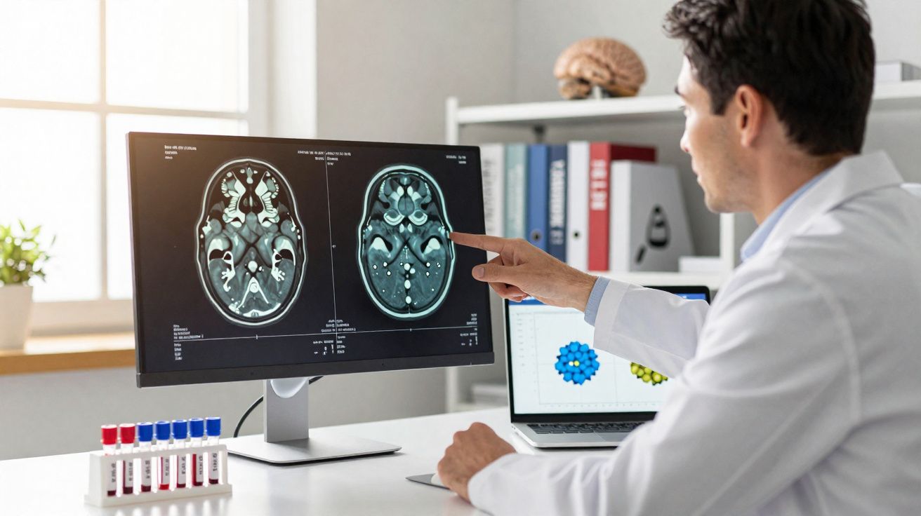 Médico analisa imagens de ressonância magnética do cérebro num monitor num consultório clínico.