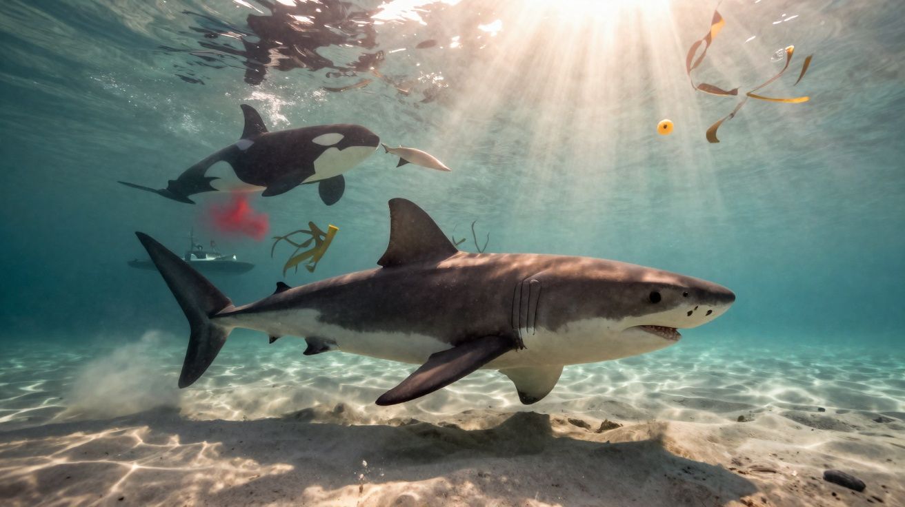 Tubarão a nadar perto do fundo do mar com orca, barco e raios de luz através da água cristalina.