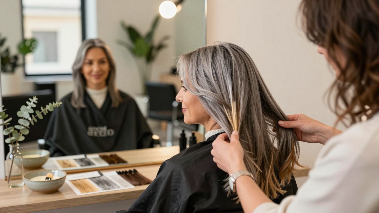 Mulher a experimentar diferentes tons de cabelo num salão de beleza, sentada em frente ao espelho.