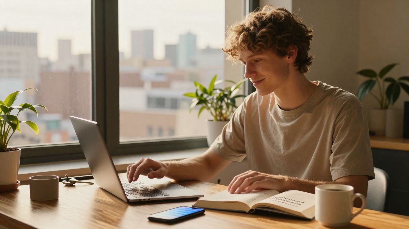Jovem sentado à secretária a estudar com portátil, livro aberto e smartphone numa sala iluminada.