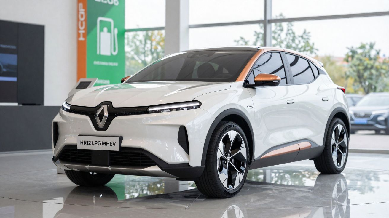 Renault HR12 LPG MHEV branco com detalhes laranja, exposto numa sala de showroom moderna.