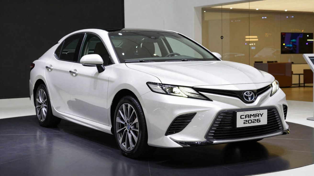 Carro branco Toyota Camry 2026 apresentado em ambiente interior com chão cinza e paredes claras.