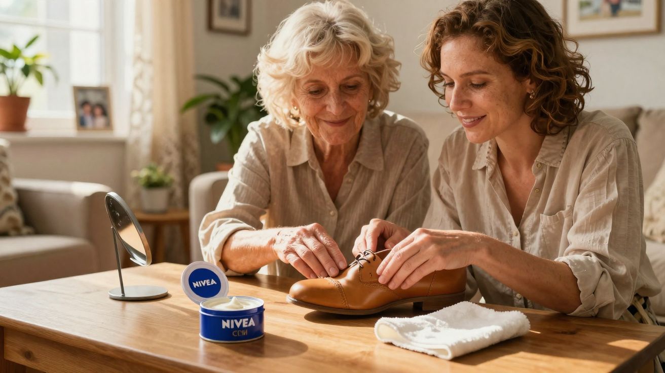 Duas mulheres a cuidar e limpar sapato de pele castanho junto a creme Nivea e espelho numa sala luminosa.