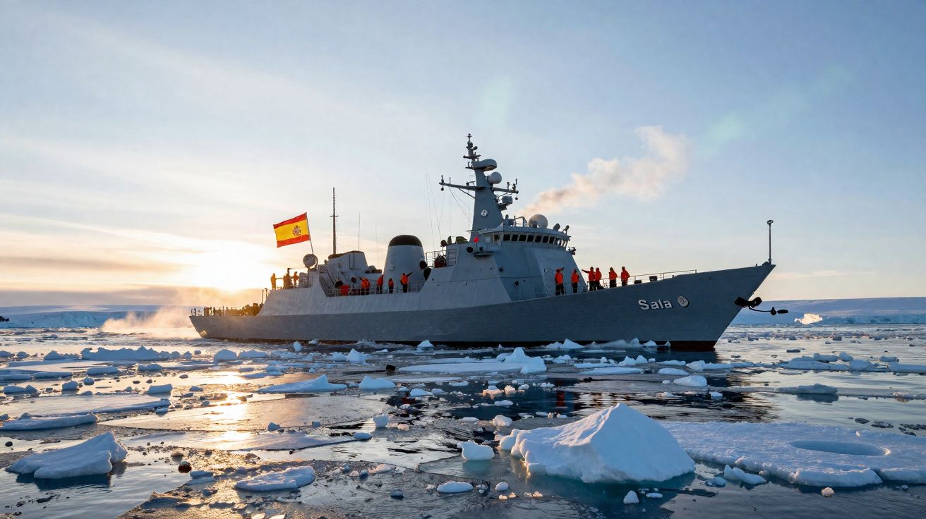 Navio militar espanhol Sala navegando em águas geladas com fragmentos de gelo flutuantes ao pôr do sol.
