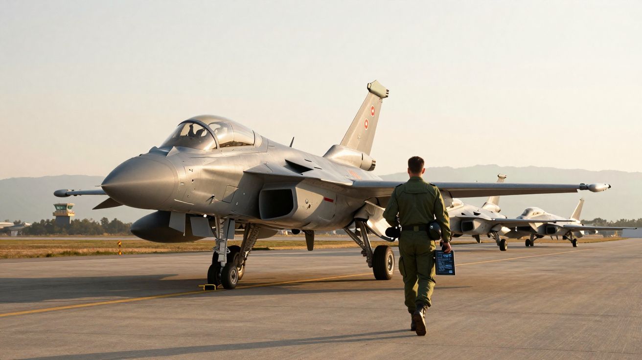 Caça militar estacionado em pista com piloto a caminhar na direção da aeronave ao pôr do sol.