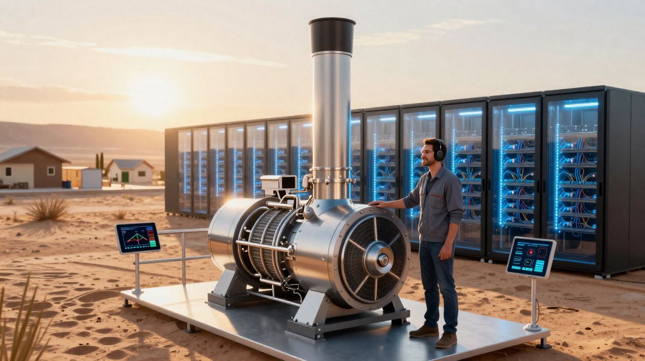 Homem com auscultadores controla máquina industrial metálica em plataforma no deserto com servidores tecnológicos ao fundo.