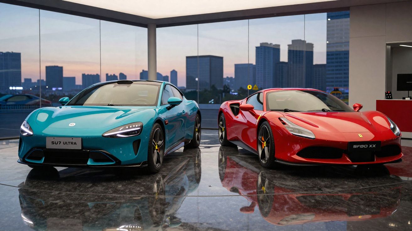 Dois carros desportivos modernos, um azul e outro vermelho, exibidos num showroom com vista para a cidade ao entardecer.