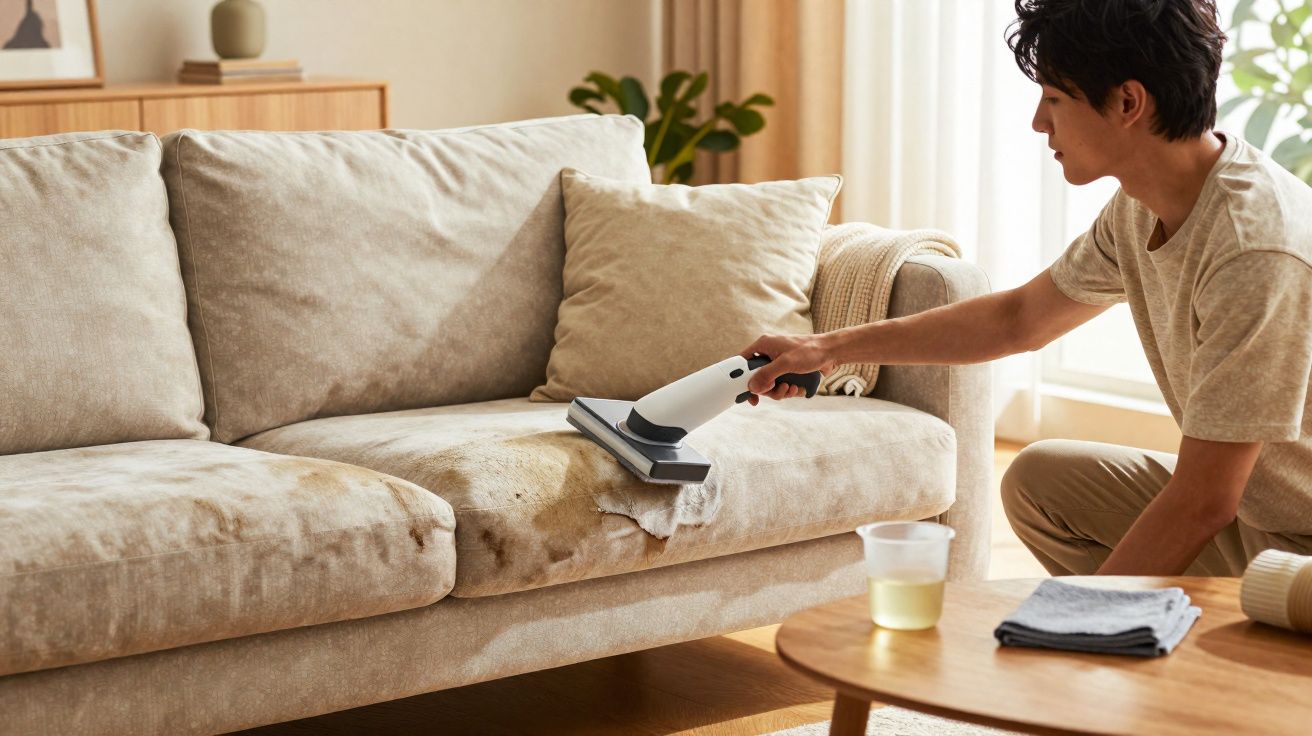 Homem a limpar mancha num sofá bege com dispositivo elétrico numa sala acolhedora com luz natural.