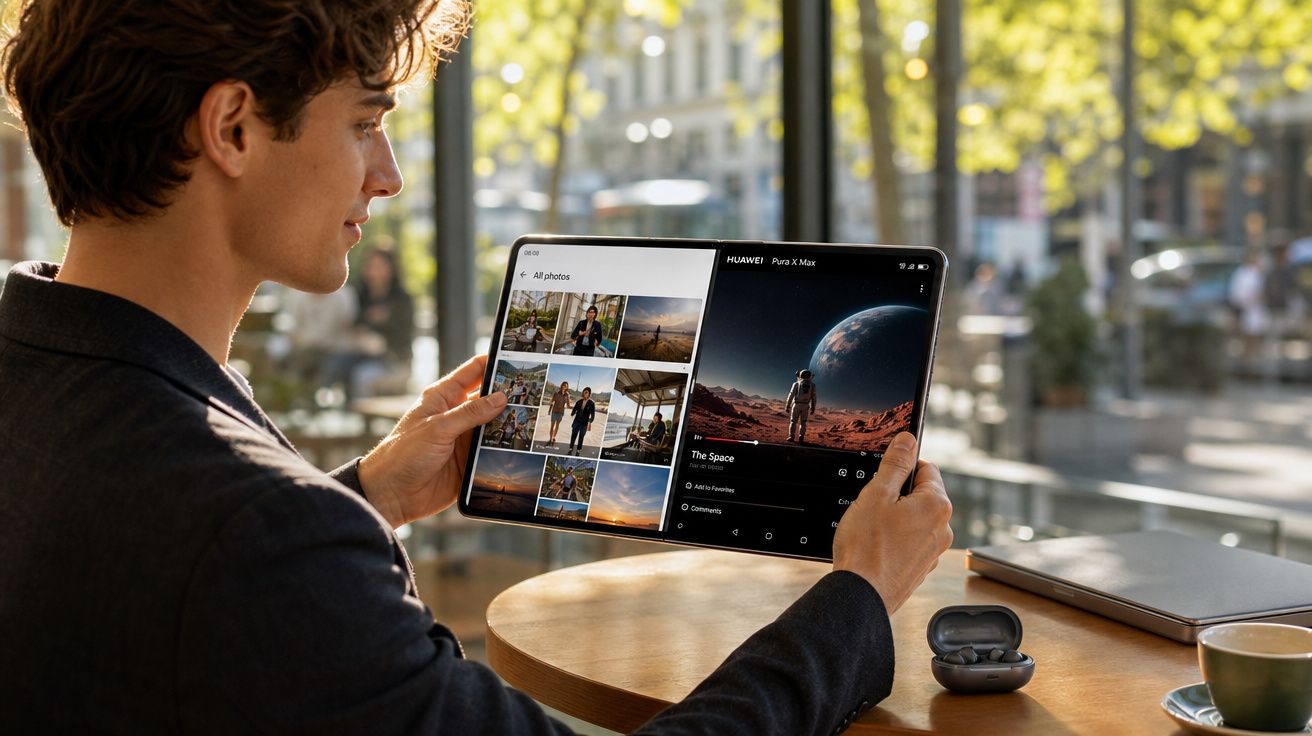 Homem sentado num café a olhar para um tablet dobrável exibindo fotos e um vídeo de espaço.