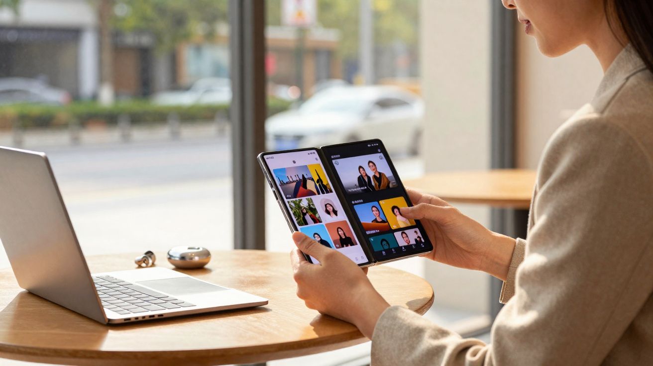 Pessoa a usar smartphone dobrável com várias fotos e laptop numa mesa junto a janela.