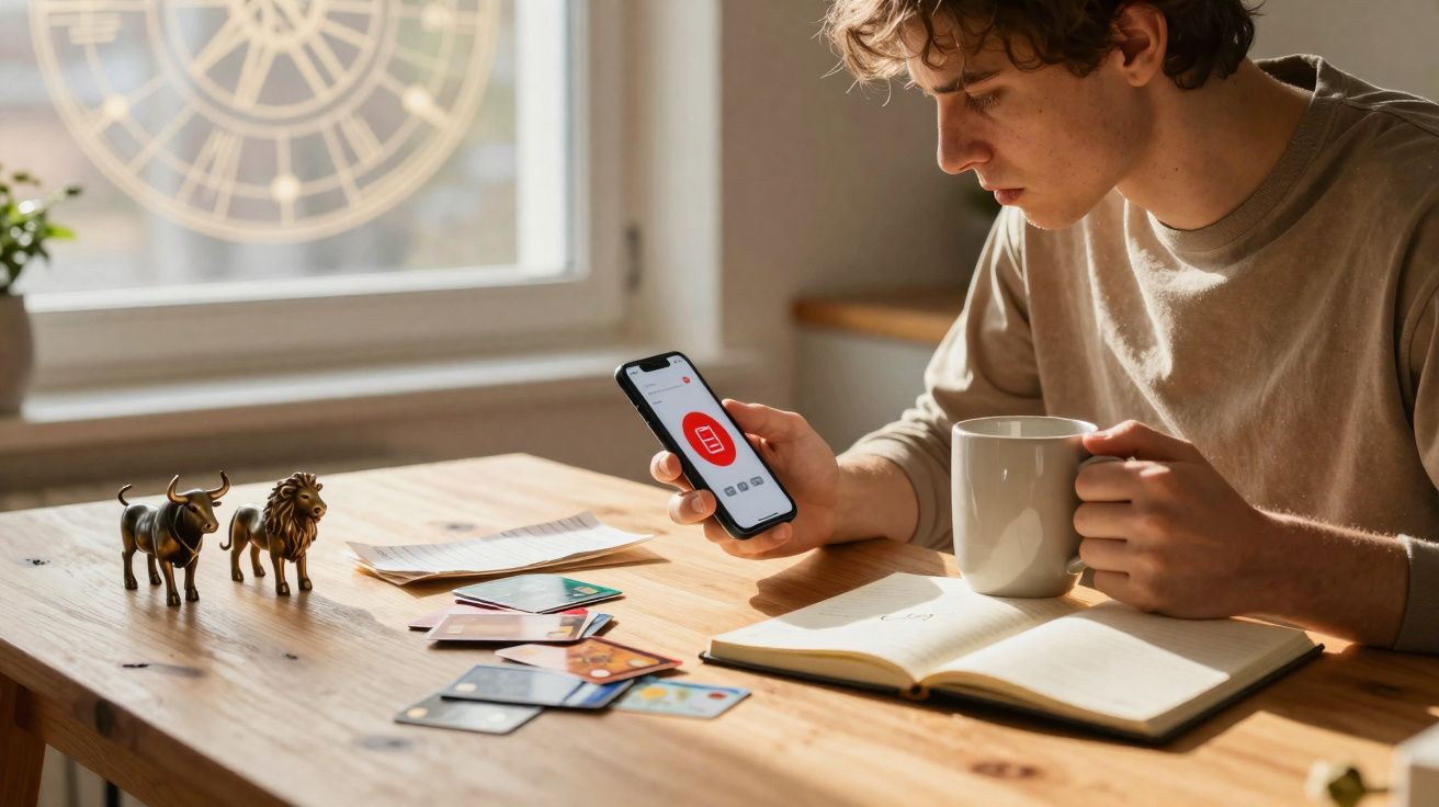 Jovem sentado à mesa com um caderno aberto, segurando um telemóvel e uma caneca, rodeado de cartões e figuras decorativas.