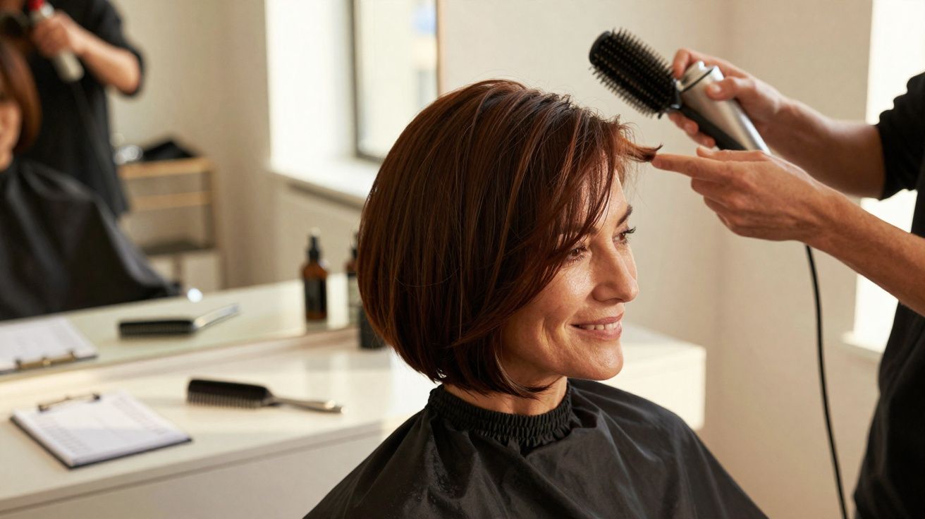Mulher sorridente a secar o cabelo curto com escova redonda num salão de cabeleireiro.