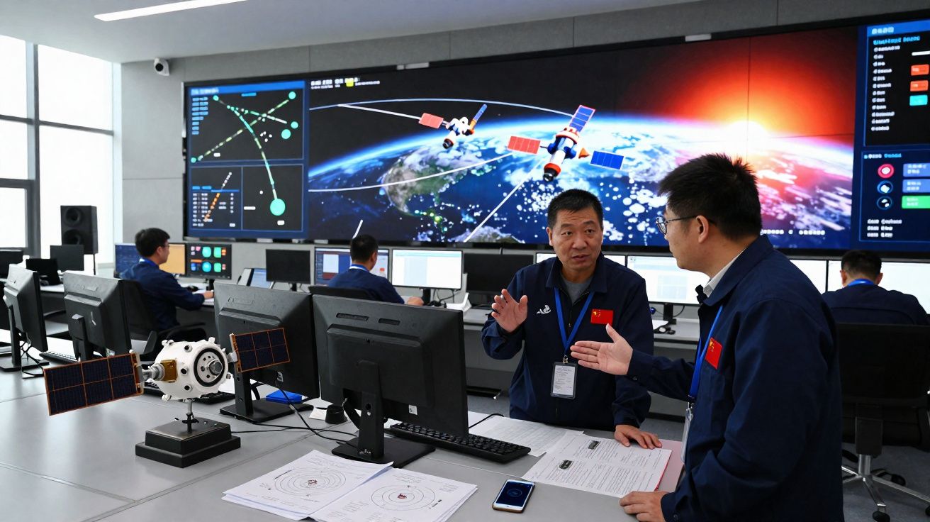 Interior de centro de controlo espacial com técnicos a analisar dados de satélites em grandes ecrãs digitais.