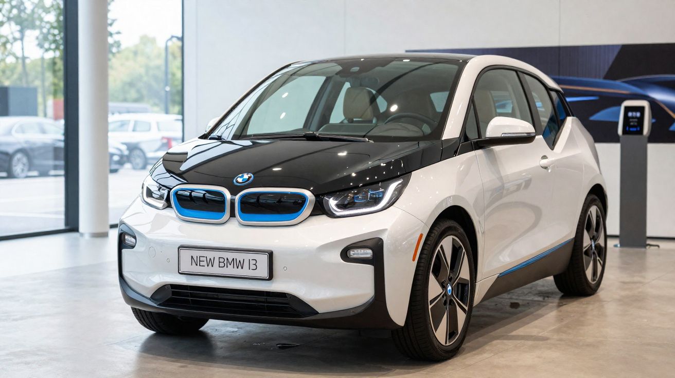 BMW i3 branco e preto estacionado em showroom moderno, com tomada de carregamento elétrica ao fundo.