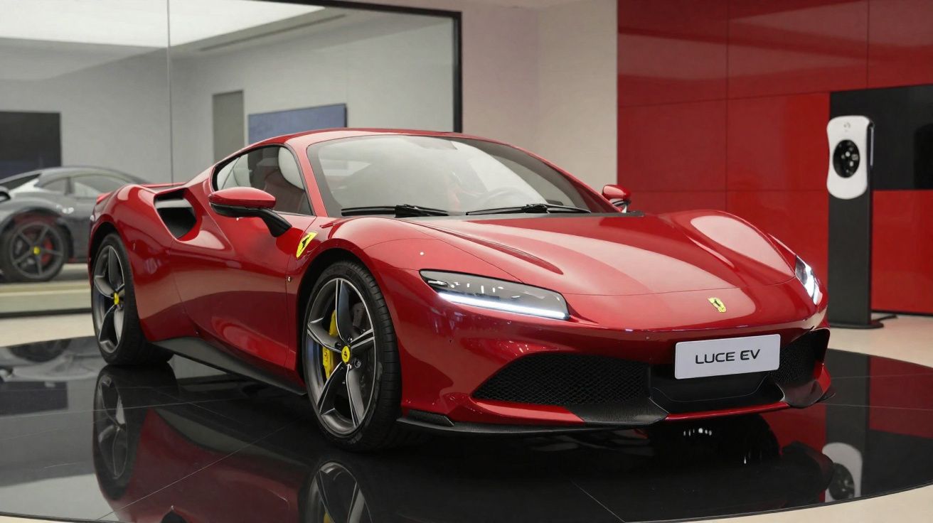 Carro desportivo elétrico vermelho Ferrari Luce EV exposto em espaço moderno com chão refletivo.