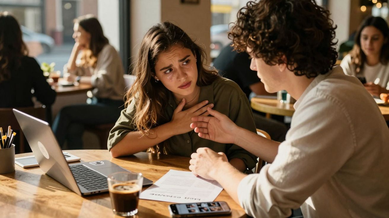 Duas pessoas em discussão séria numa mesa com computador, documentos e café num café movimentado.