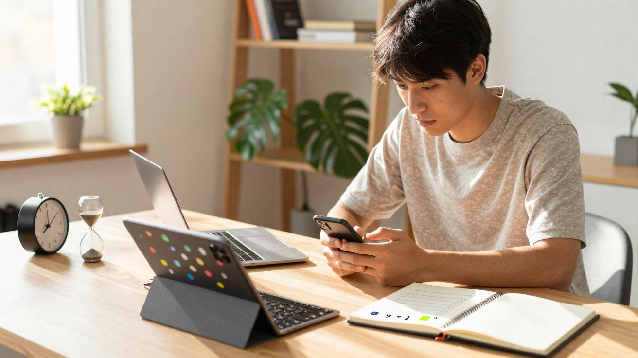 Jovem a trabalhar numa secretária com portátil, tablet, caderno aberto e a usar um smartphone numa sala iluminada.