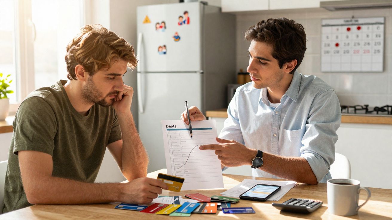 Dois homens numa cozinha a analisar despesas e dívidas com vários cartões de crédito espalhados na mesa.