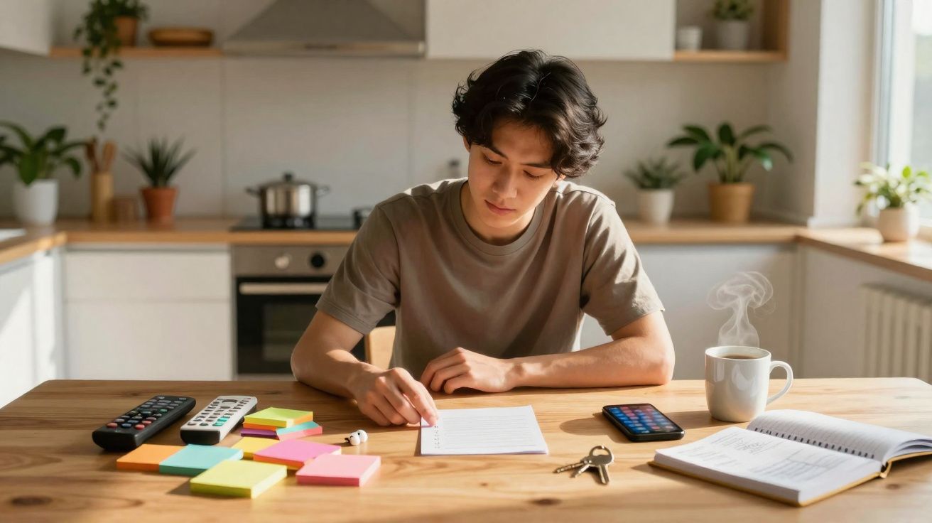 Jovem sentado à mesa a escrever numa folha, com vários post-its, comandos, telemóvel e chá quente na cozinha.