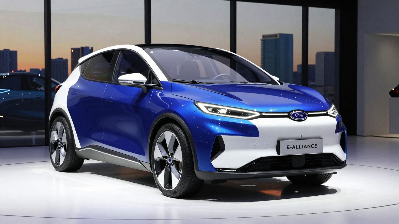 Carro elétrico Ford E-Alliance azul e branco em exposição com edifícios ao fundo ao pôr do sol.